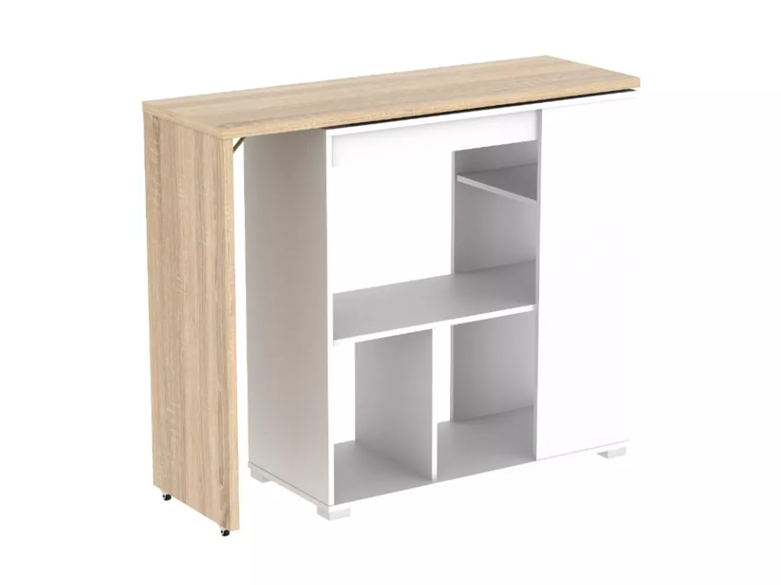 Meuble de bar pivotant avec rangements - Naturel et blanc - SATURNE