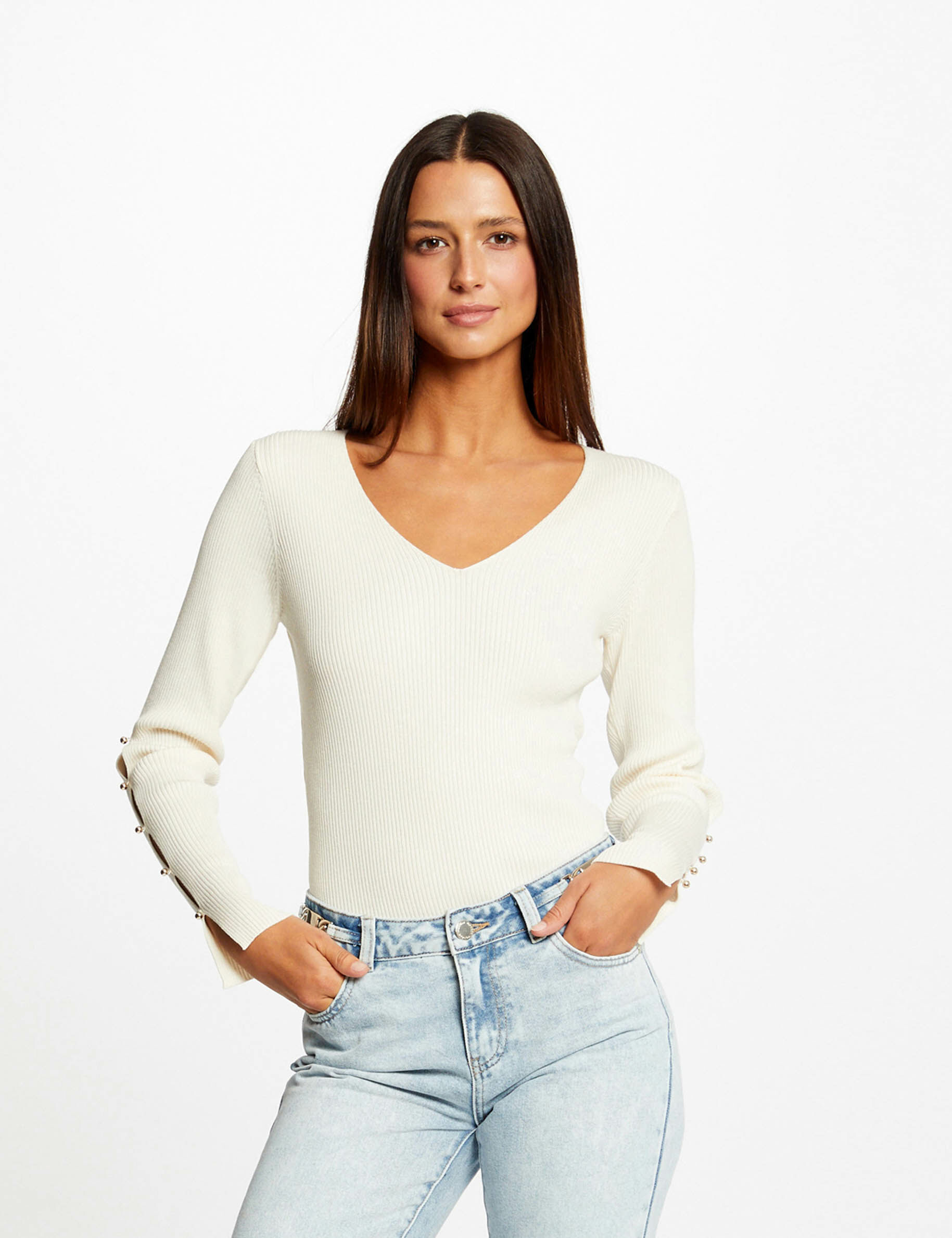 Pull manches longues fendues à boutons ivoire femme - ivoire
