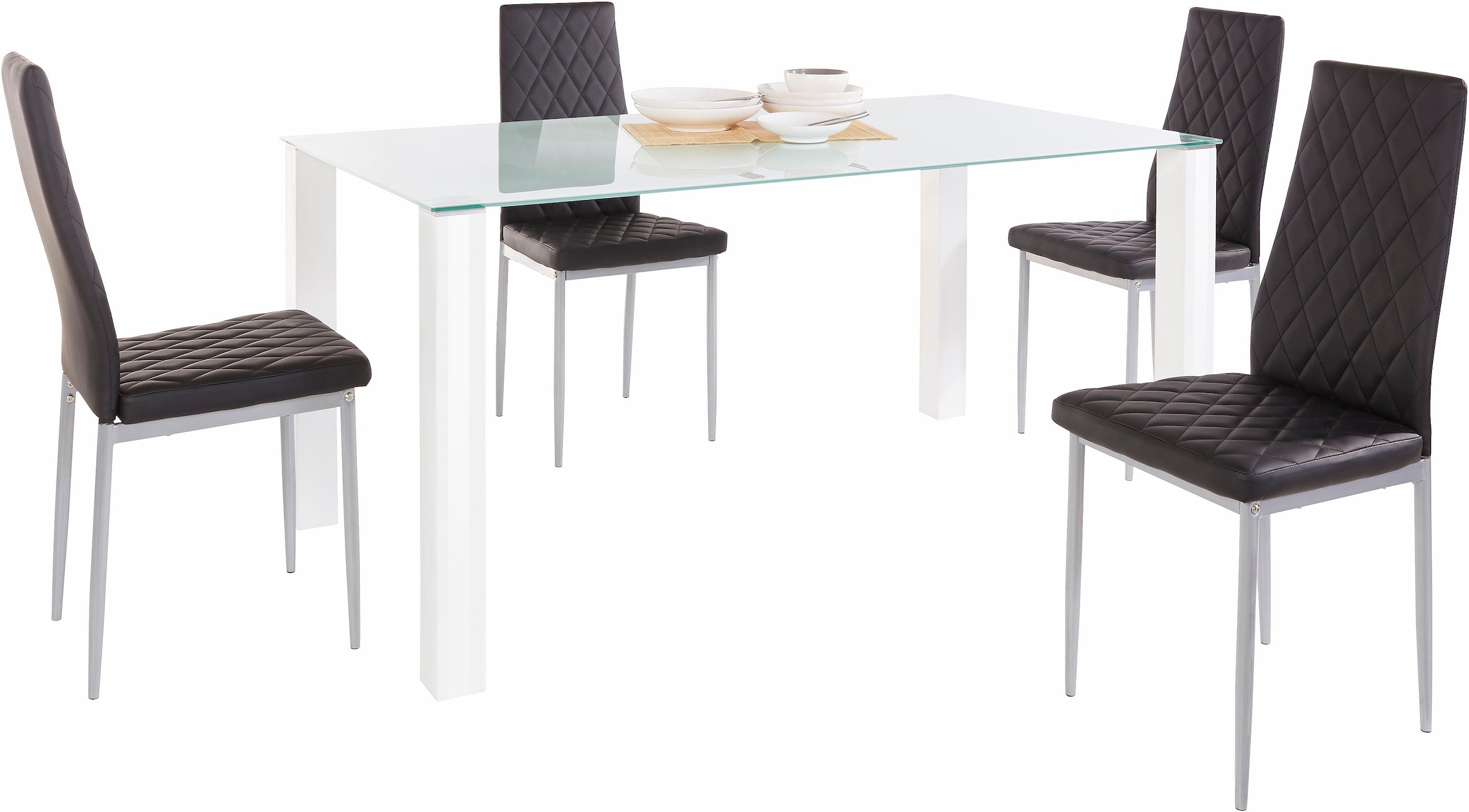 INOSIGN Essgruppe Set, 5 Stk. tlg. 160 cm breiter Glastisch, verschiedene Farbvarianten der Stuhlbezüge