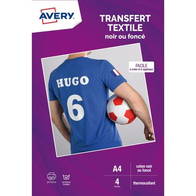 Avery - Papier transfert sur T-shirt/Textile foncé - 4 feuilles A4 - impression jet d'encre