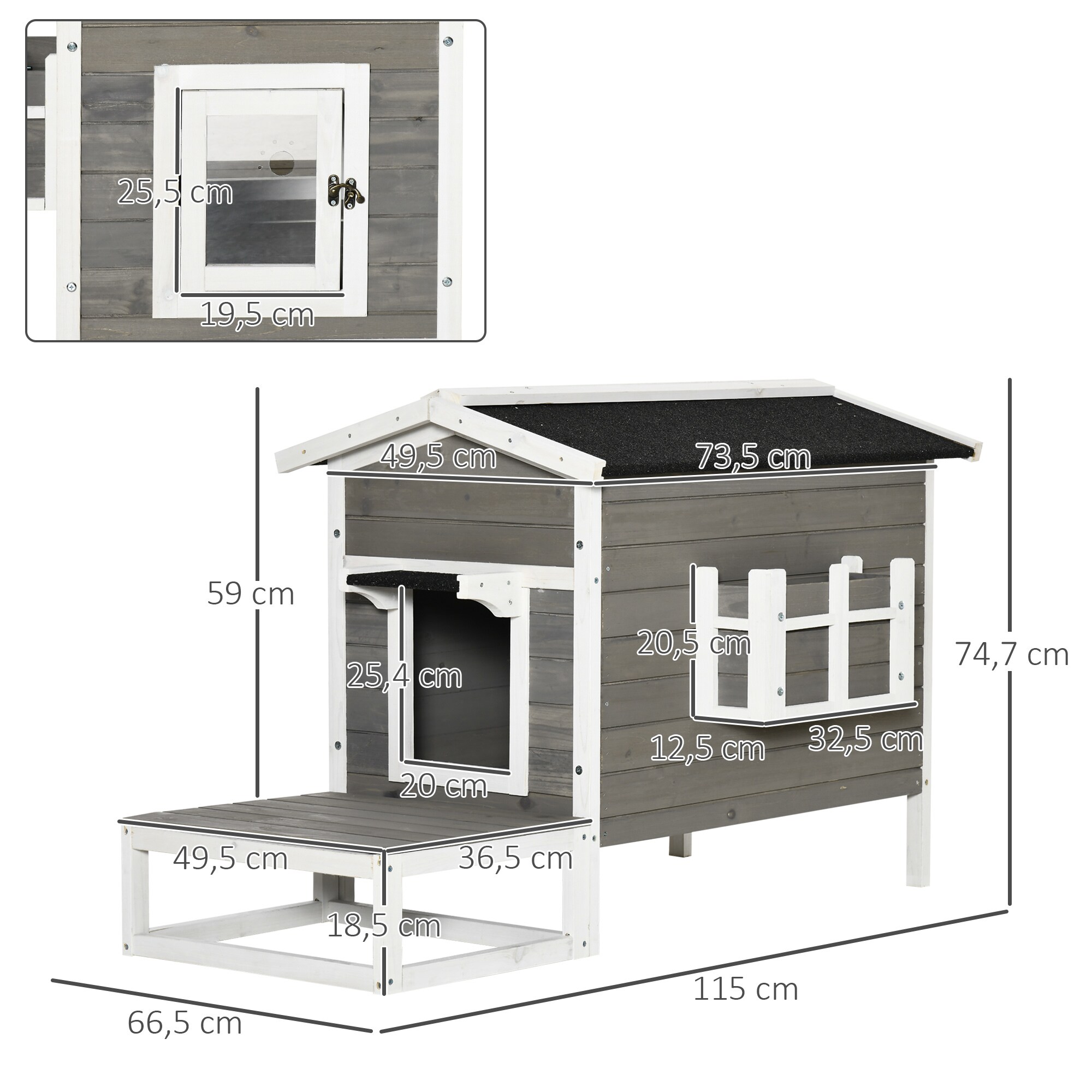 PawHut Katzenhaus mit Terrasse und Balkon grau, weiß 115 x 66,5 x 74,7 cm (LxBxH)