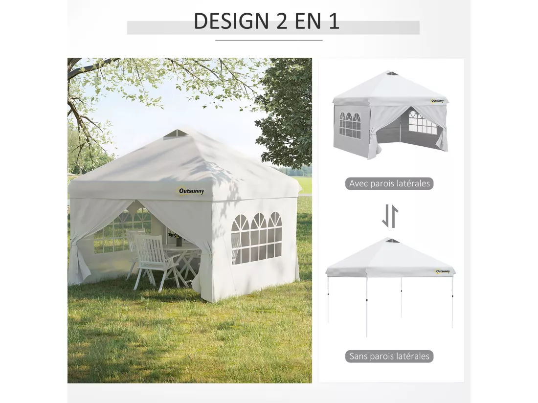 Tonnelle barnum pliant pop-up 3L x 3l x 2,84H m 4 parois latérales amovibles 2 fenêtres + sac de transport métal Oxford blanc