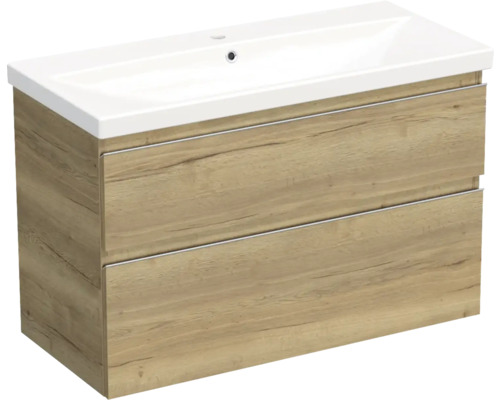 Jungborn TRENTA wastafelmeubel (BxHxD 100x65x45 cm) in Halifax natuur eiken met keramische wastafel en mat chromen greeplijst