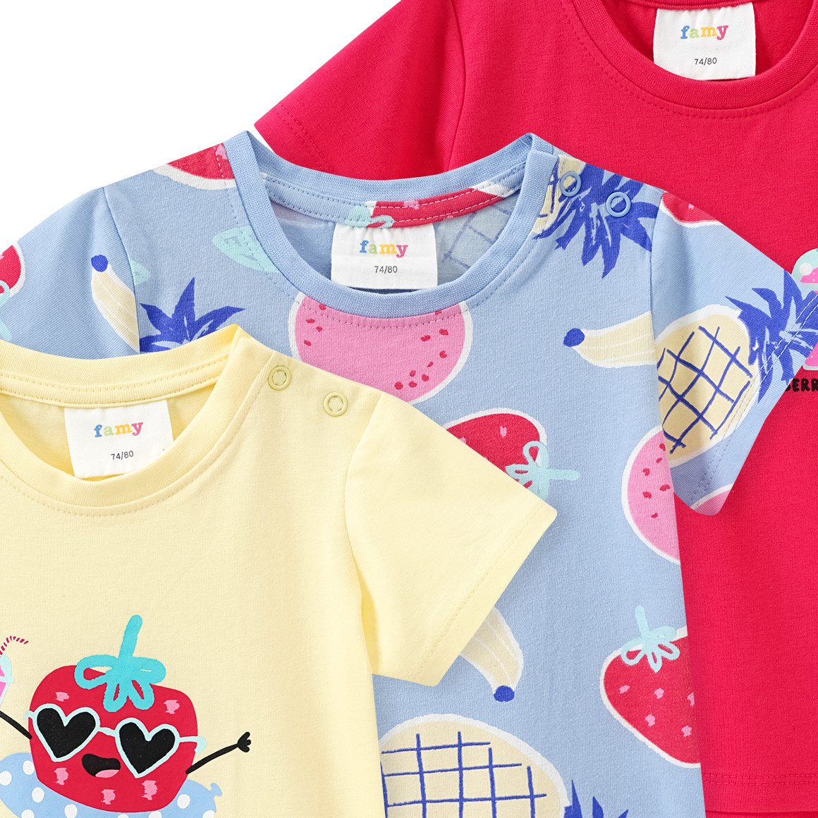 Famy 3 Baby T-Shirts mit bunten Motiven hellgelb / rot / hellblau