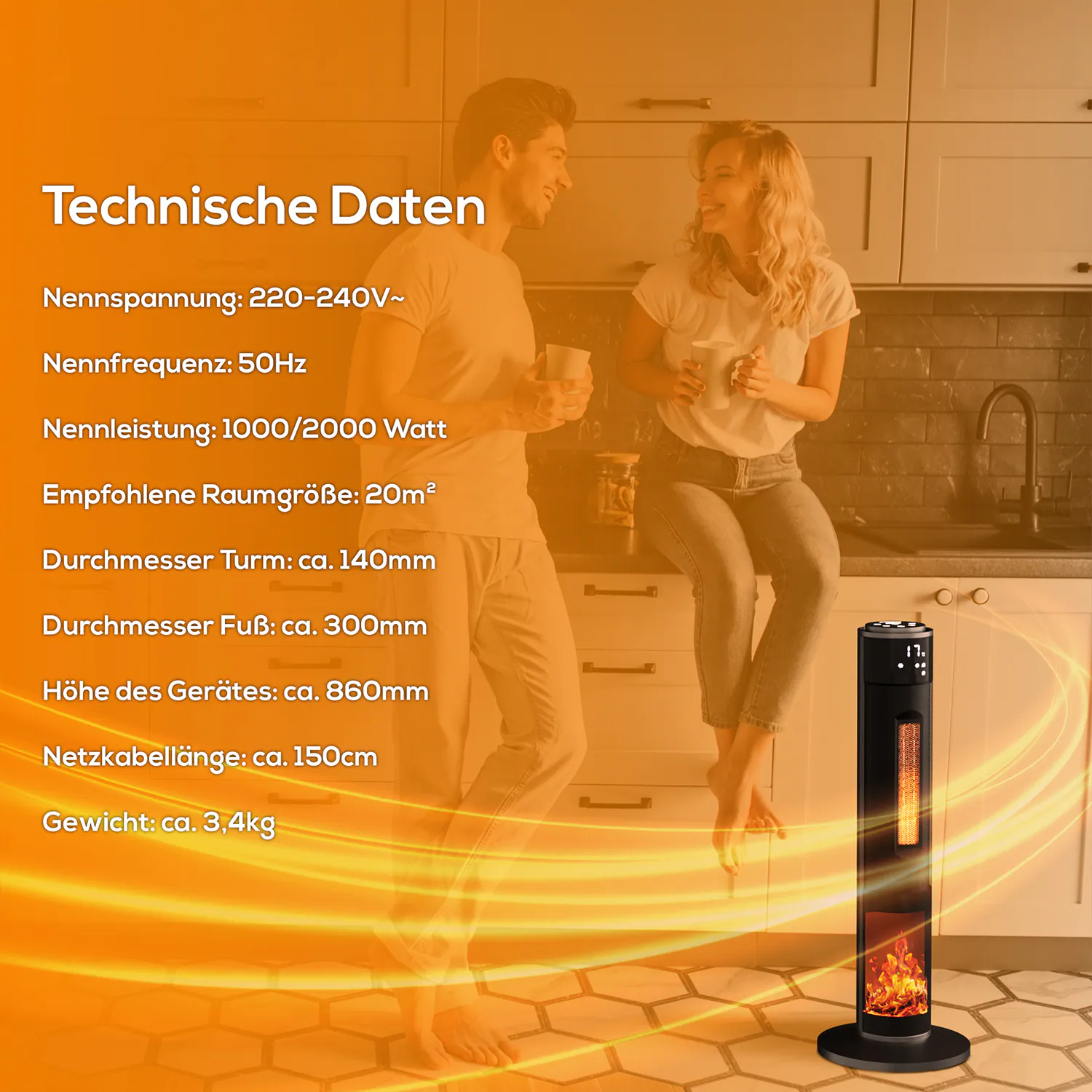 TroniTechnik® PTC Turmheizer Keramikheizer Elektrokamin mit Heizung und Kaminfeuer 2000 Watt Heizlüfter, Oszillation