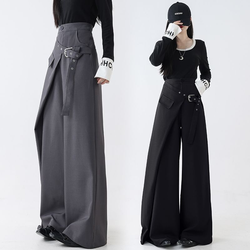 Rosesand - Effen hoge taille asymmetrische wikkelbroek met wijde pijpen
