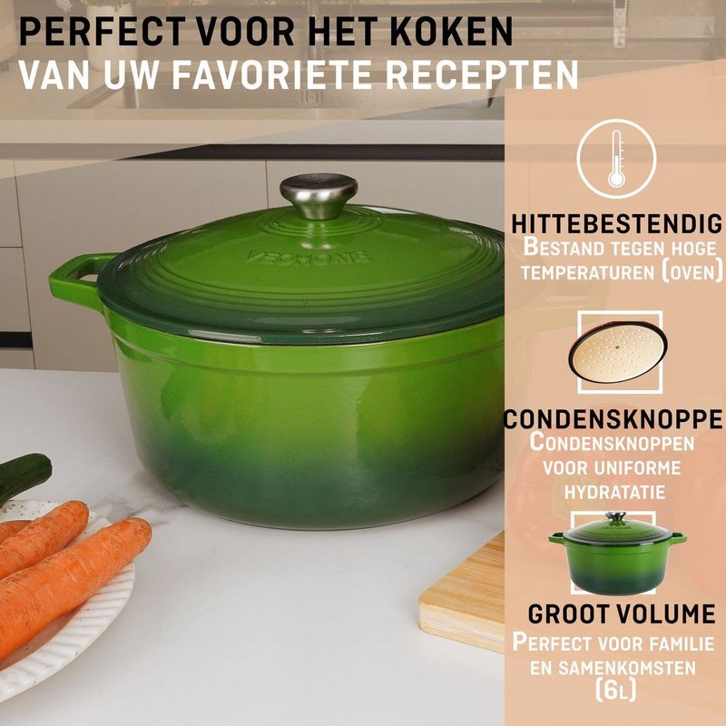 VeoHome - Geëmailleerde Gietijzeren Stoofpot - Groen - 6L - 28cm - Compatibel met Alle Kookoppervlakken