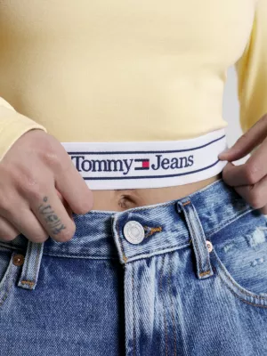 Top cropped de manga comprida com cós listrado e logo