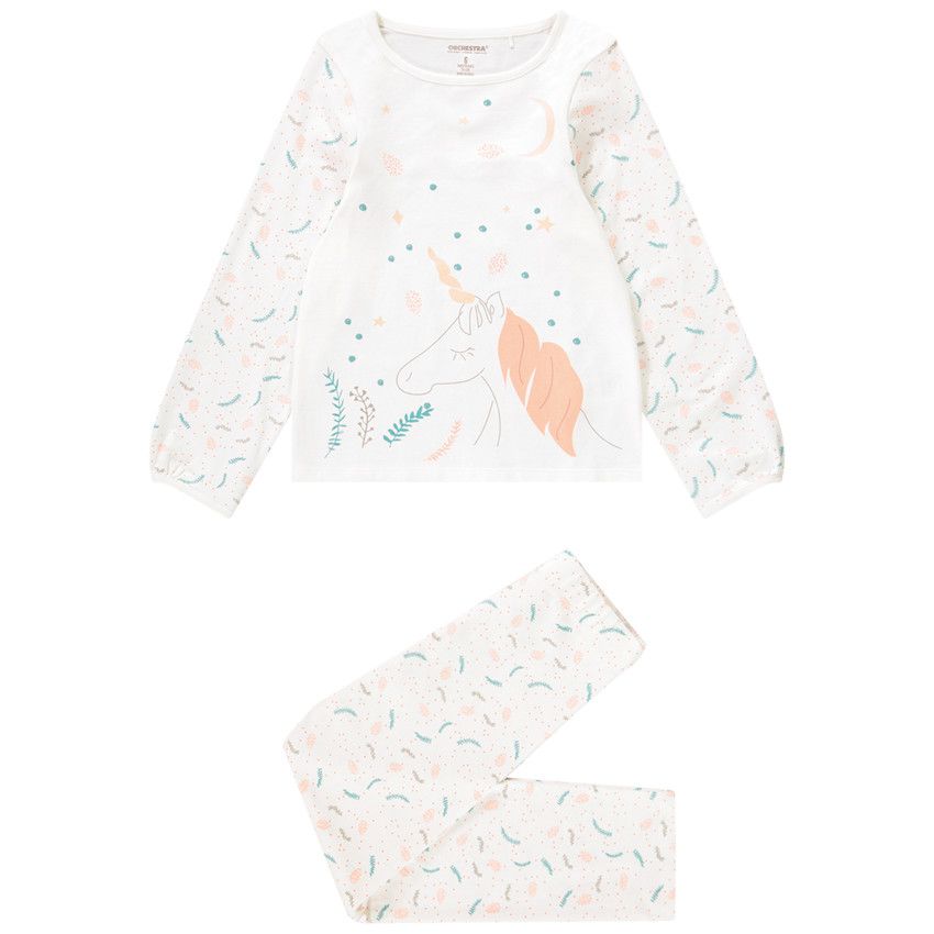 Pyjama 2 pièces en jersey motif licorne pour fille - Ecru
