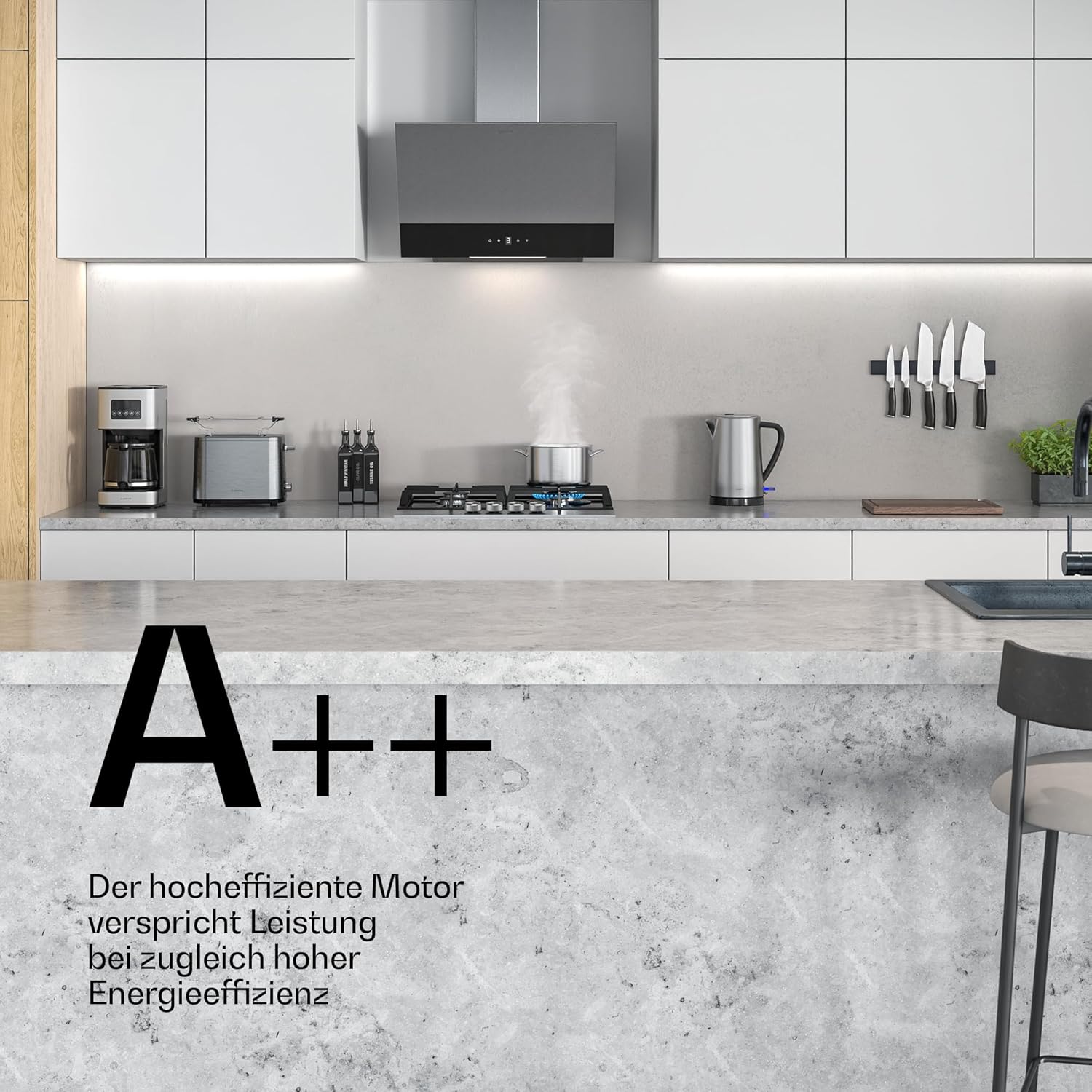 Klarstein Verosteel Dunstabzugshaube 60 cm - Kopffreihaube, 624 m³/h, A++ Energie, Touch, LED, leise, Edelstahl & Glas, Abzugshaube Küche, spülmaschinenfester Filter