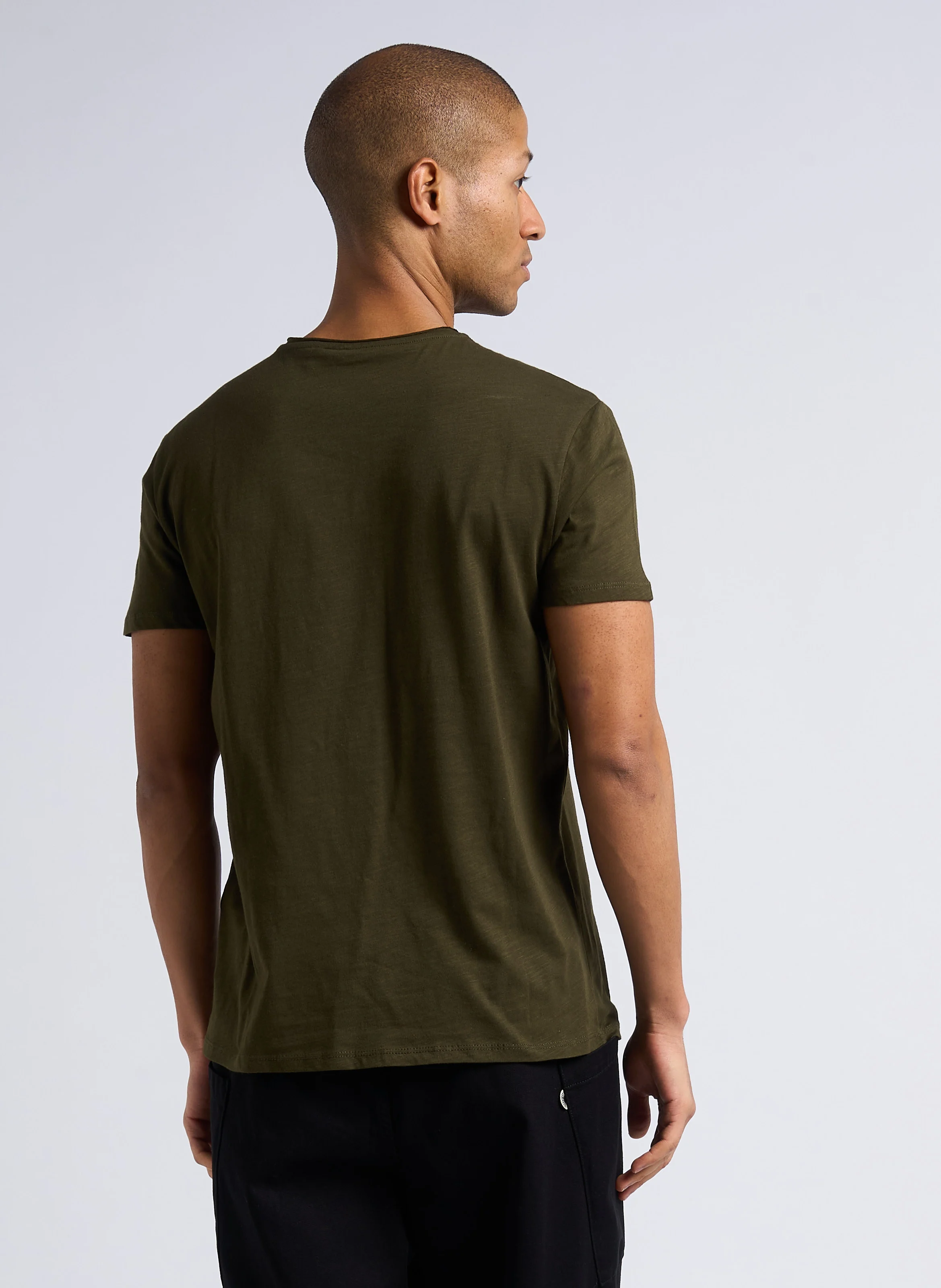 Tee-shirt col V slim en coton flammé | Kaki