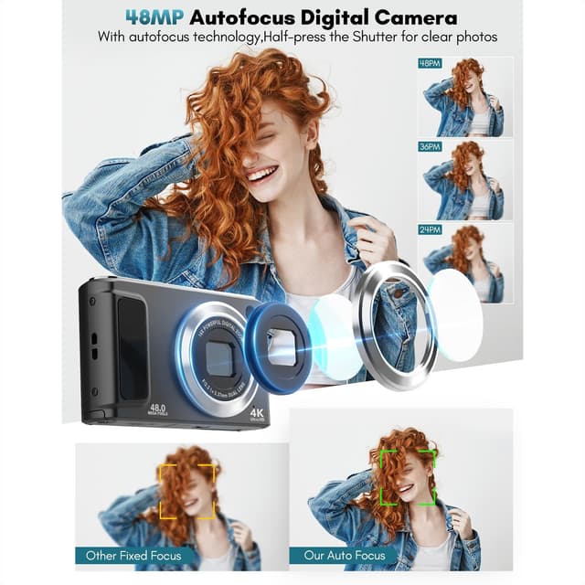 4K HD digitalkamera med front- og bagkamera og stabilisering Sort
