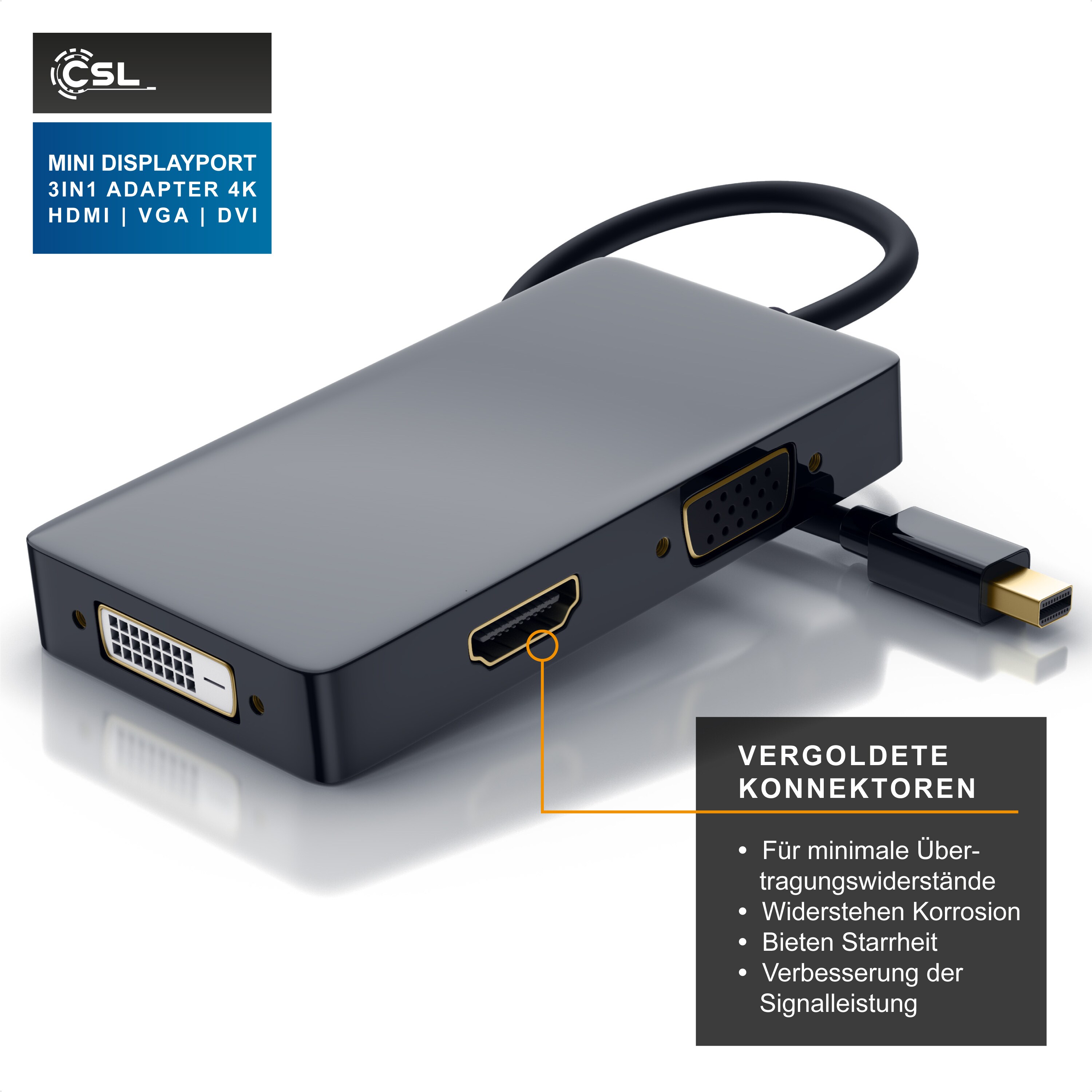 CSL 3in1 Mini DisplayPort zu HDMI, DVI, VGA Adapter Konverter, miniDP 1.2 4k 3840x2160 UHD 2160p, 0,15m