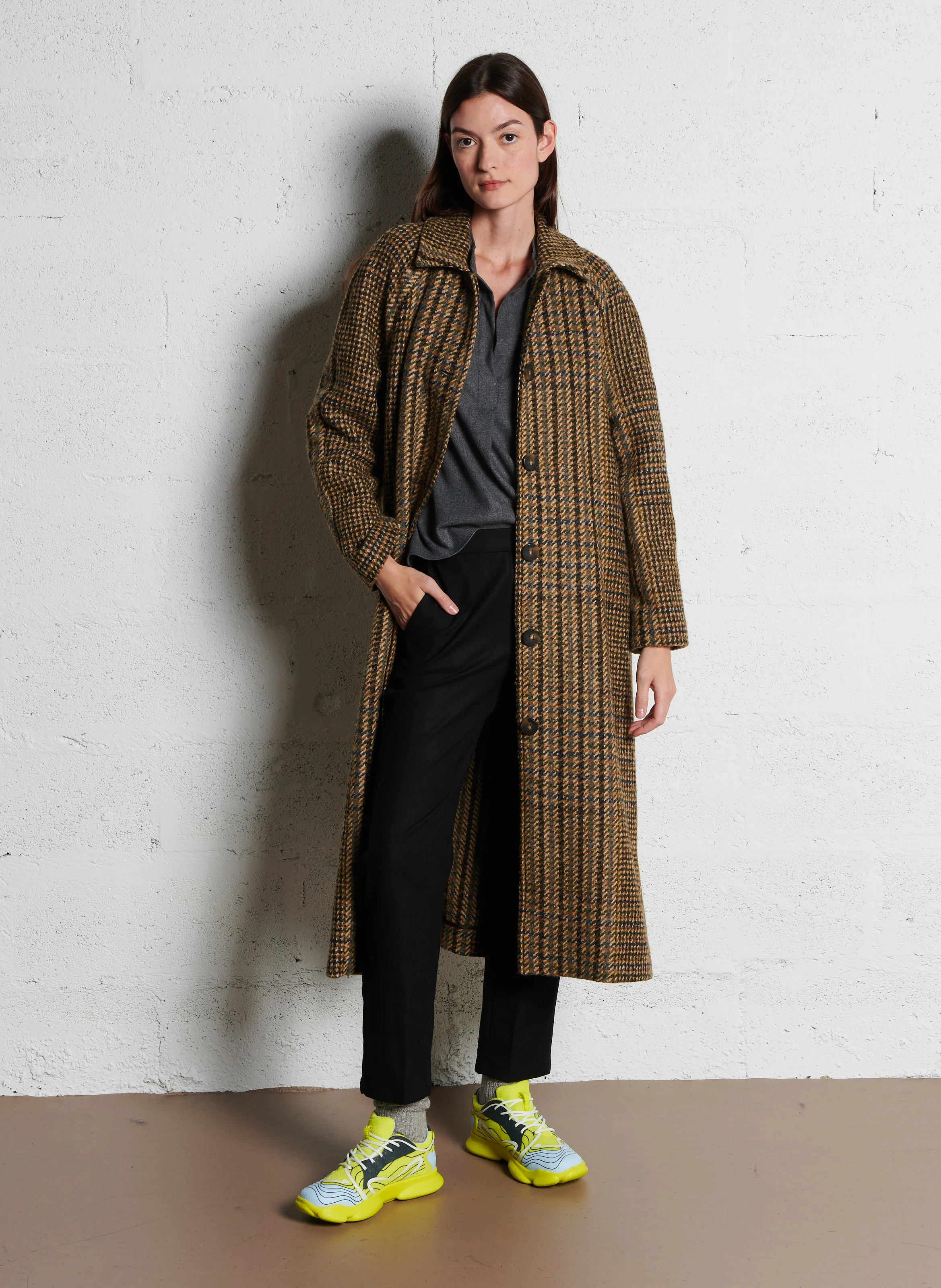 MACILO - Manteau col classique à carreaux | Kaki