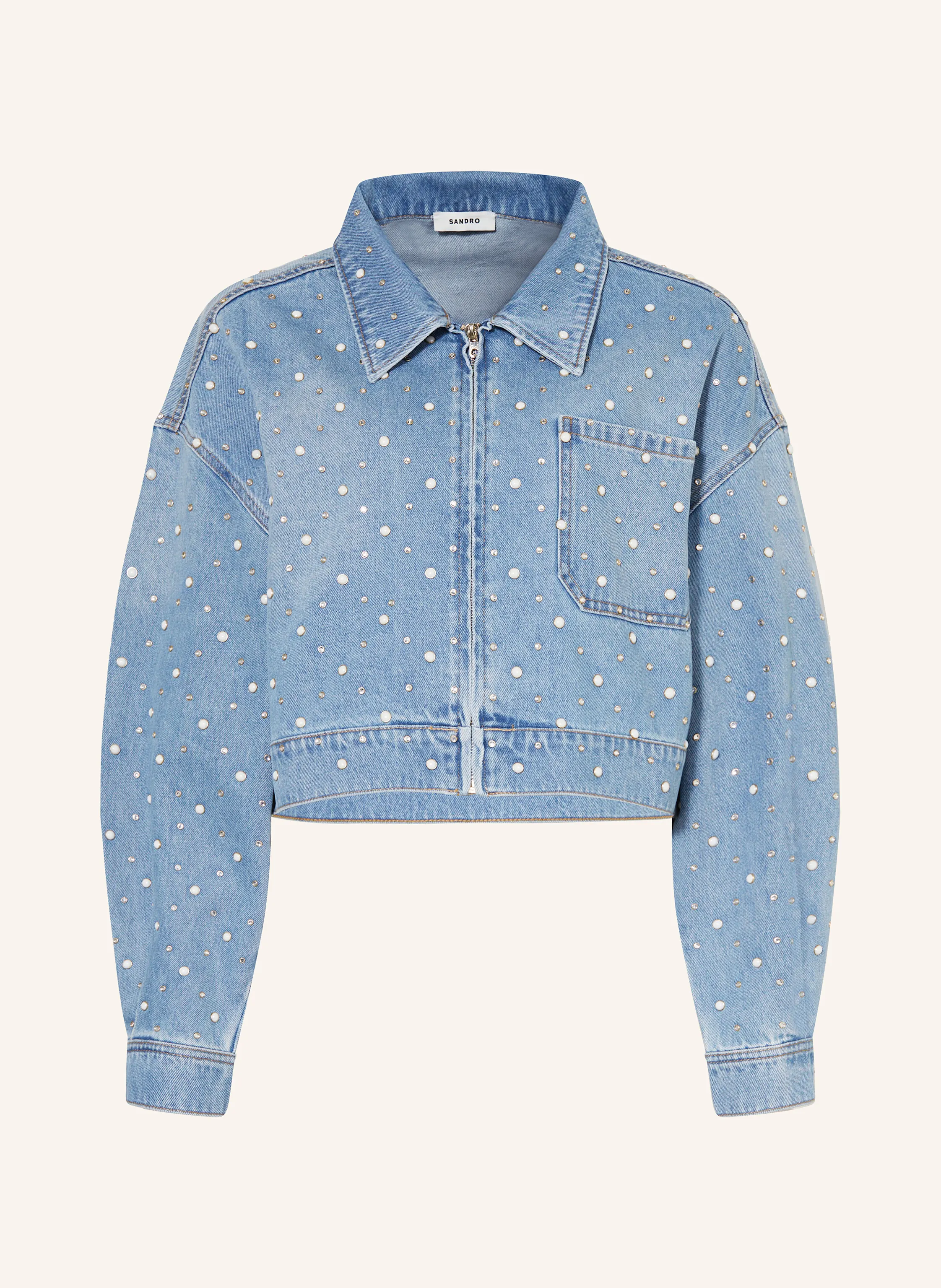 SANDRO Jeansjacke mit Perlen und Schmucksteinen