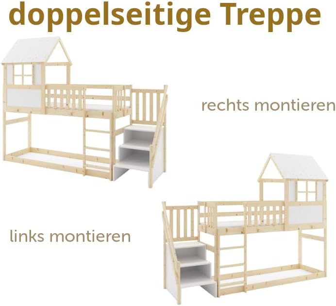 Interbeds Hochbett 200x90 cm mit Rutsche und Treppen Etagenbett Stockbett Holzbett Kinderbett mit Lattenrost Spielbett (Mit Treppen)