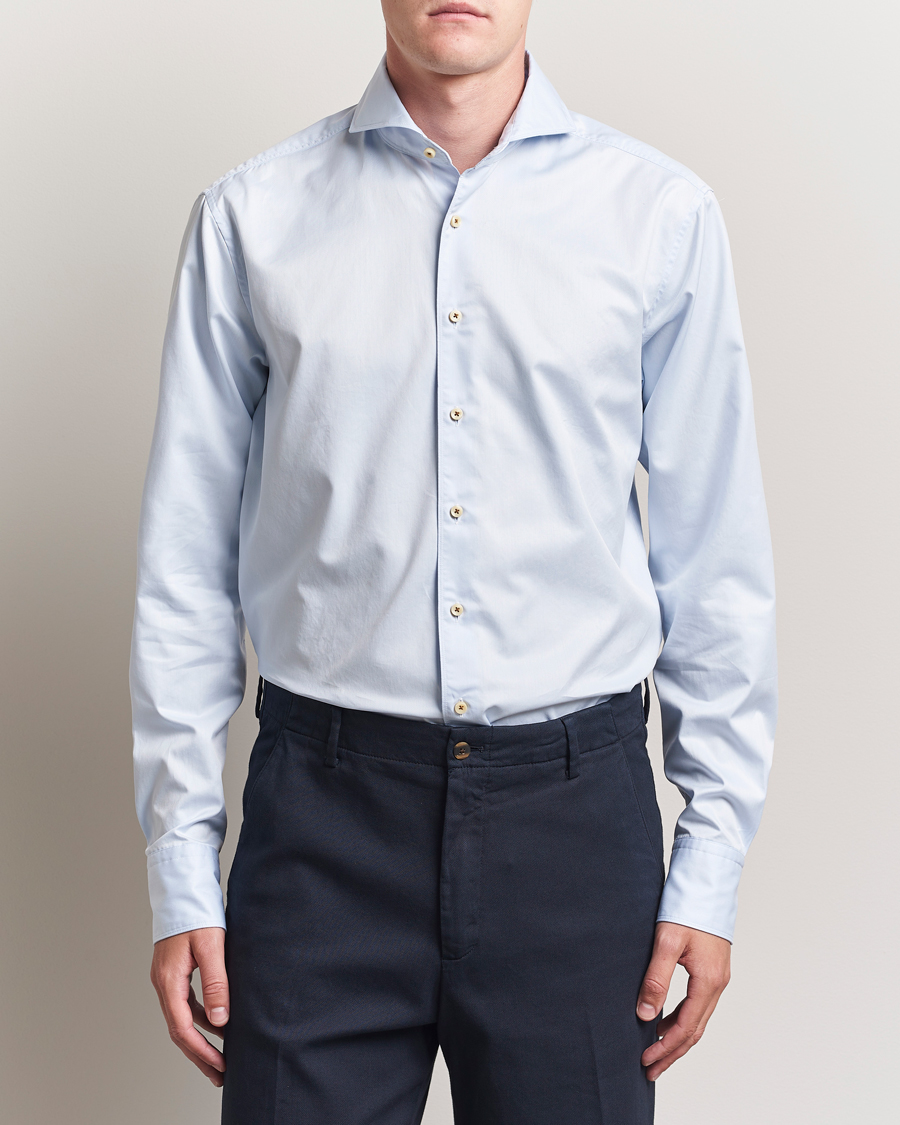 Stenströms Regular Fit Washed Cotton Plain Shirt Light Blue