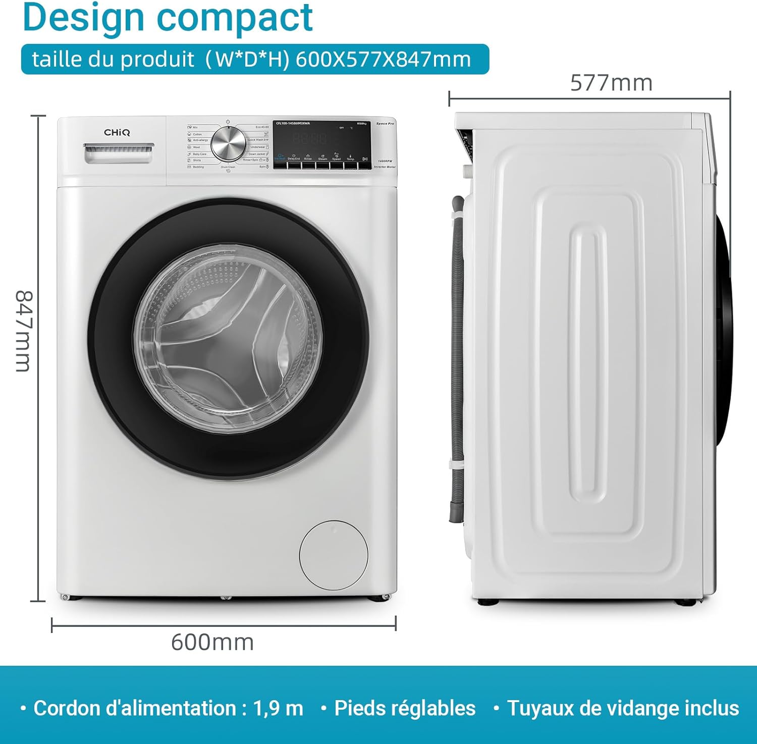 Lave-linge CHiQ à chargement frontal 10 kg CFL100-14586IM3XWA, blanc