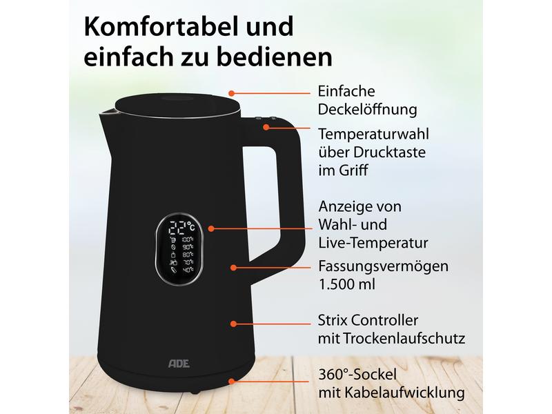 ADE Wasserkocher KG2100-2 1.5 l, Schwarz Wasserkocher mit Temperatureinstellung
