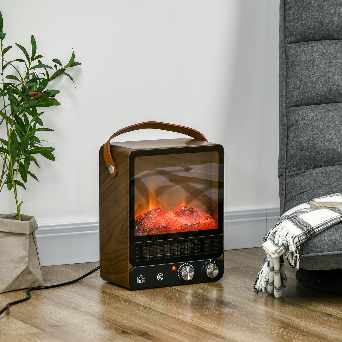 HOMCOM Elektrische haard met vlameffect, handgreep, 750/1500W, met oververhittingsbeveiliging voor woonkamer en binnenruimtes, 35L x 26B x 33,5H cm, ABS, PC, staal, gehard glas, geel + groen
