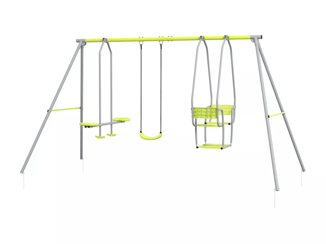 Balançoire 3 agrès portique 2 face à face et balançoire dim. 2,83L x 1,56l x 1,8H m métal époxy PE gris vert