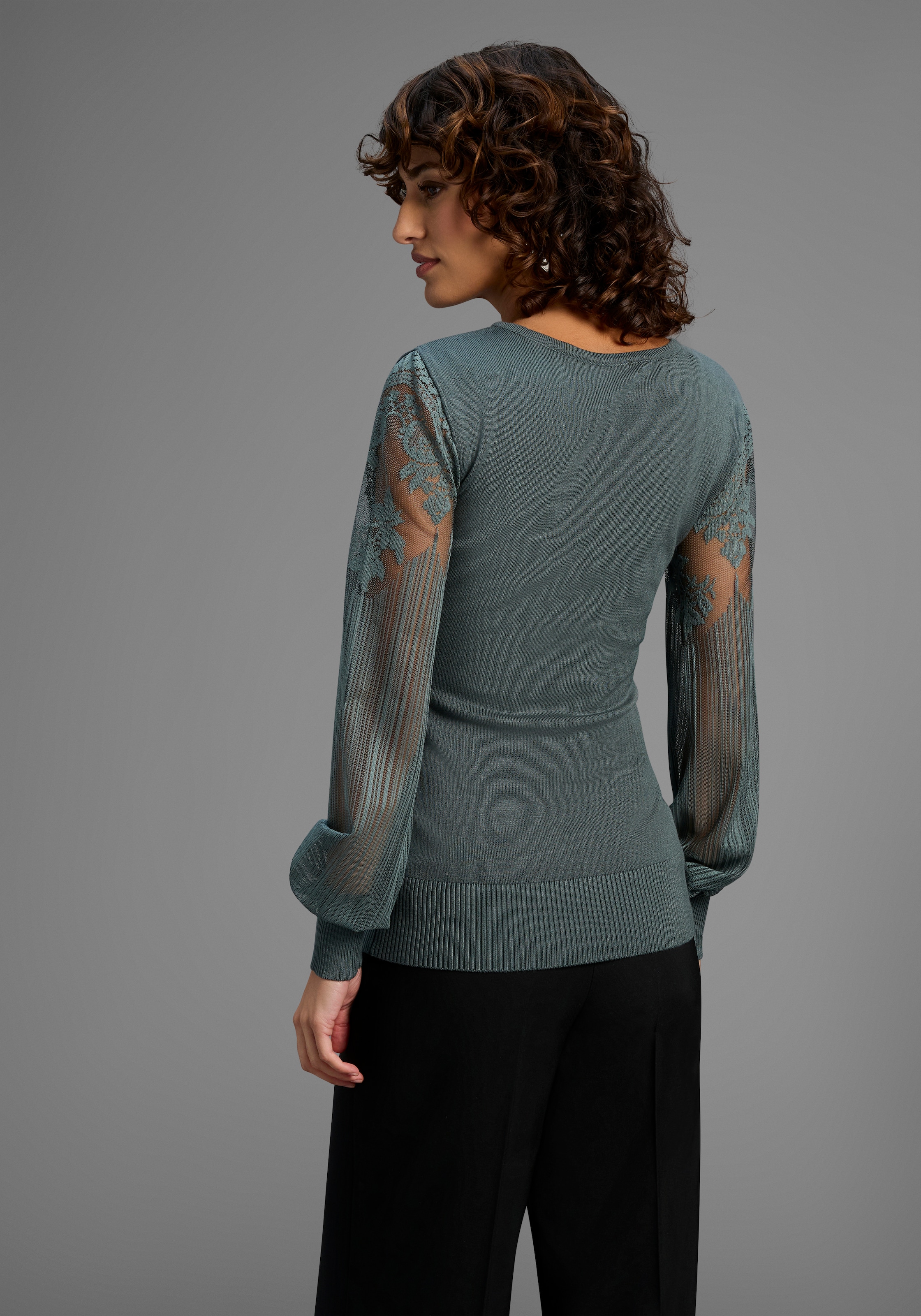 Melrose V-Ausschnitt-Pullover , Feinstrickpullover mit Ärmeln aus hochwertiger Spitze