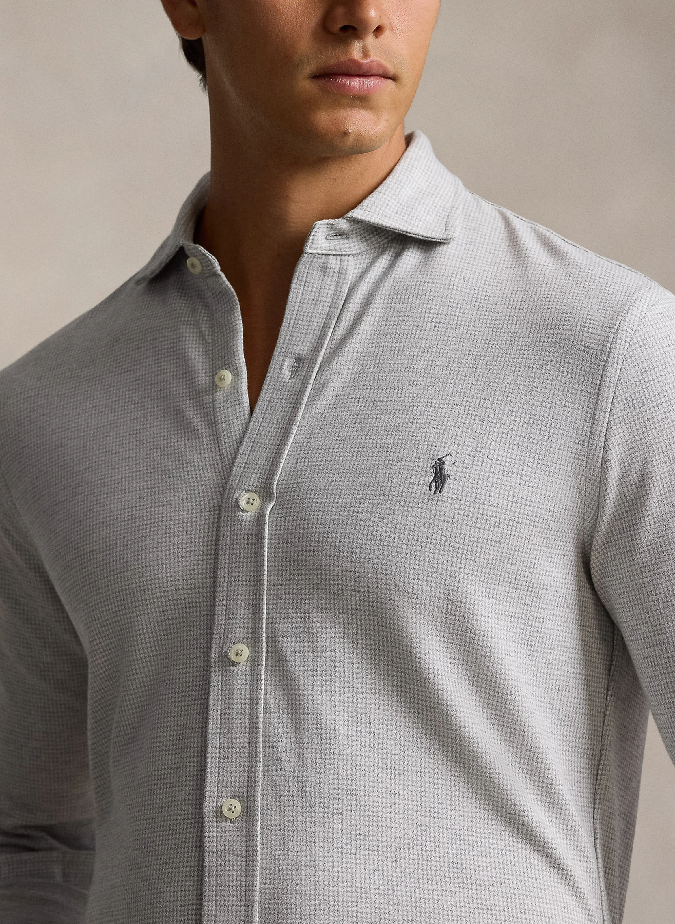 Chemise droite col italien en coton jacquard imprimé | Gris