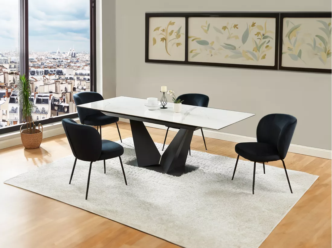 Table à manger extensible 6 à 8 personnes en céramique et métal - Effet marbre blanc et noir - OLETIA de Pascal MORABITO