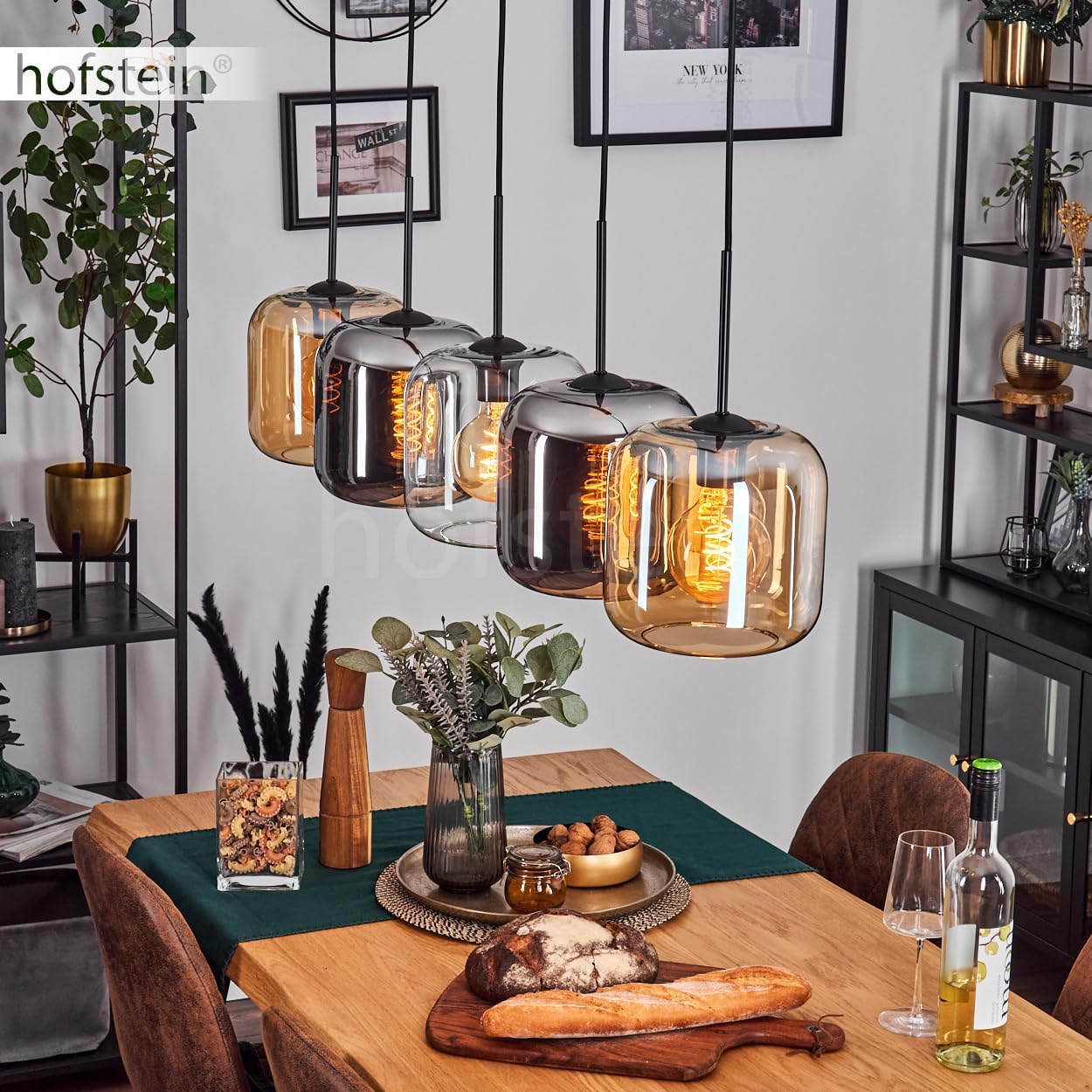 Pendelleuchte Lauden, Pendellampe aus Metall/Glas in Schwarz/Bernstein/Chrom/Klar, Leuchte im modernen Retro/Vintage-Design mit Schirmen aus Glas (Ø 20cm), Höhe max. 147,5cm, 5x E27, ohne Leuchtmittel