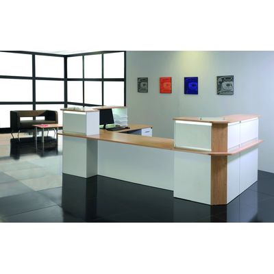 Banque d'accueil LUMINA - avec réhausse - L140 x H115 x P80 cm - Bande translucide Blanche - Finition chêne clair/blanc