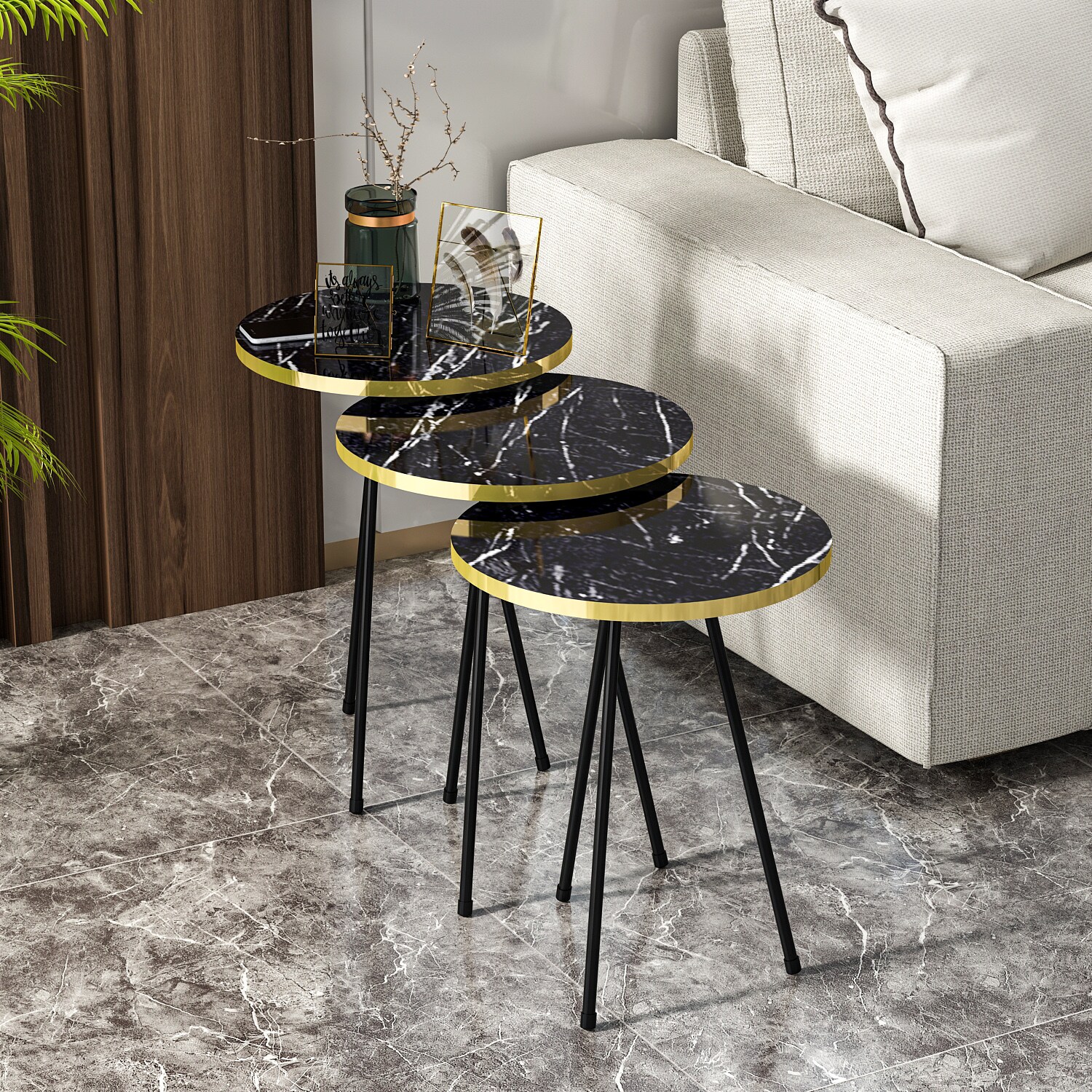 Beistelltisch 3er Set Marmoroptik Schwarz 21776160