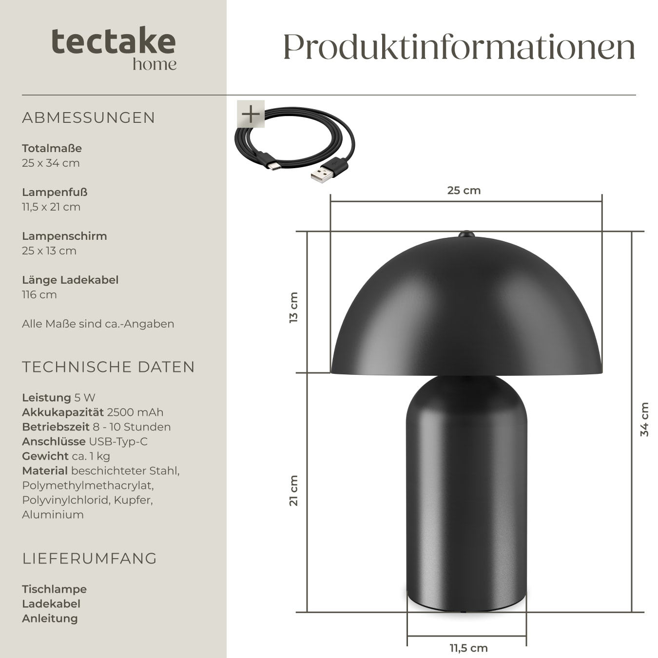tectake® Akku-Tischlampe, Retro-Pilzdesign im 70er-Jahre-Stil, indirektes Licht, Touchschalter, inkl. Ladekabel, 25 x 34 cm