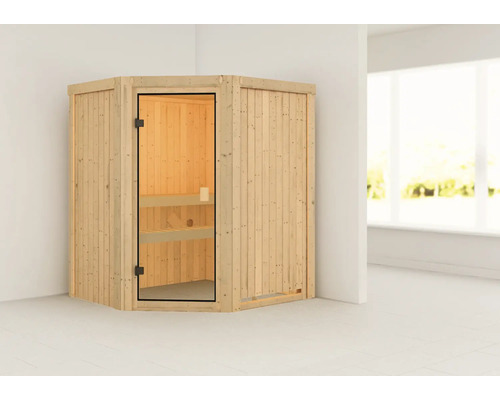 Elementsauna Karibu Faurin zonder oven en dakkroon met gebronsde volledig glazen deur