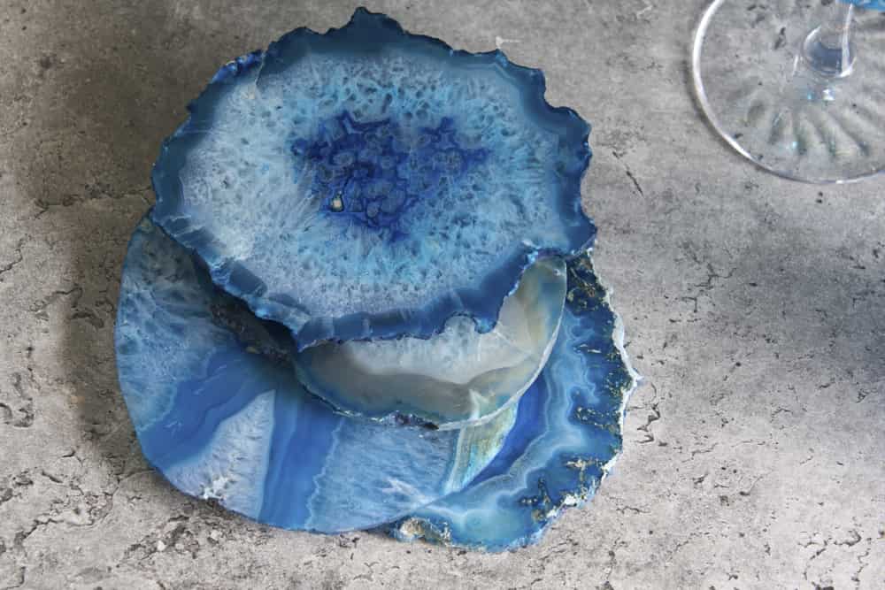 4er Set Untersetzer für Gläser COASTER 10cm blau Edelstein Achat Quarz handmade