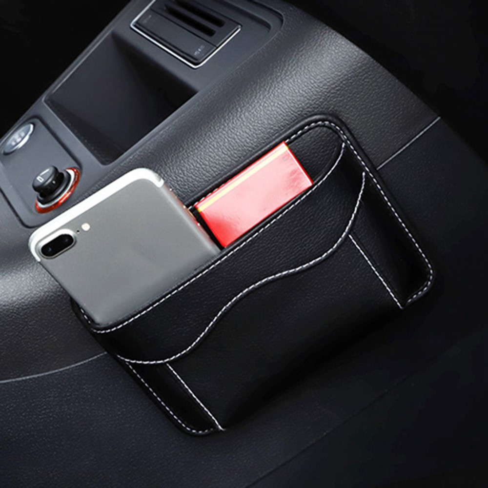 (18x13cm) Selbstklebende Leder KFZ Seiten Tasche Autositz Klett Organizer Aufbewahrungstasche - Schwarz