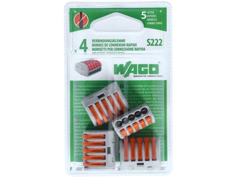 WAGO Verbindungsklemme Wago Klemme 5L 5-fach, 4 Stück 4er Packung Wago Klemmen für 0.14 - 4 mm² Kabelquerschnitt und max. 32 A