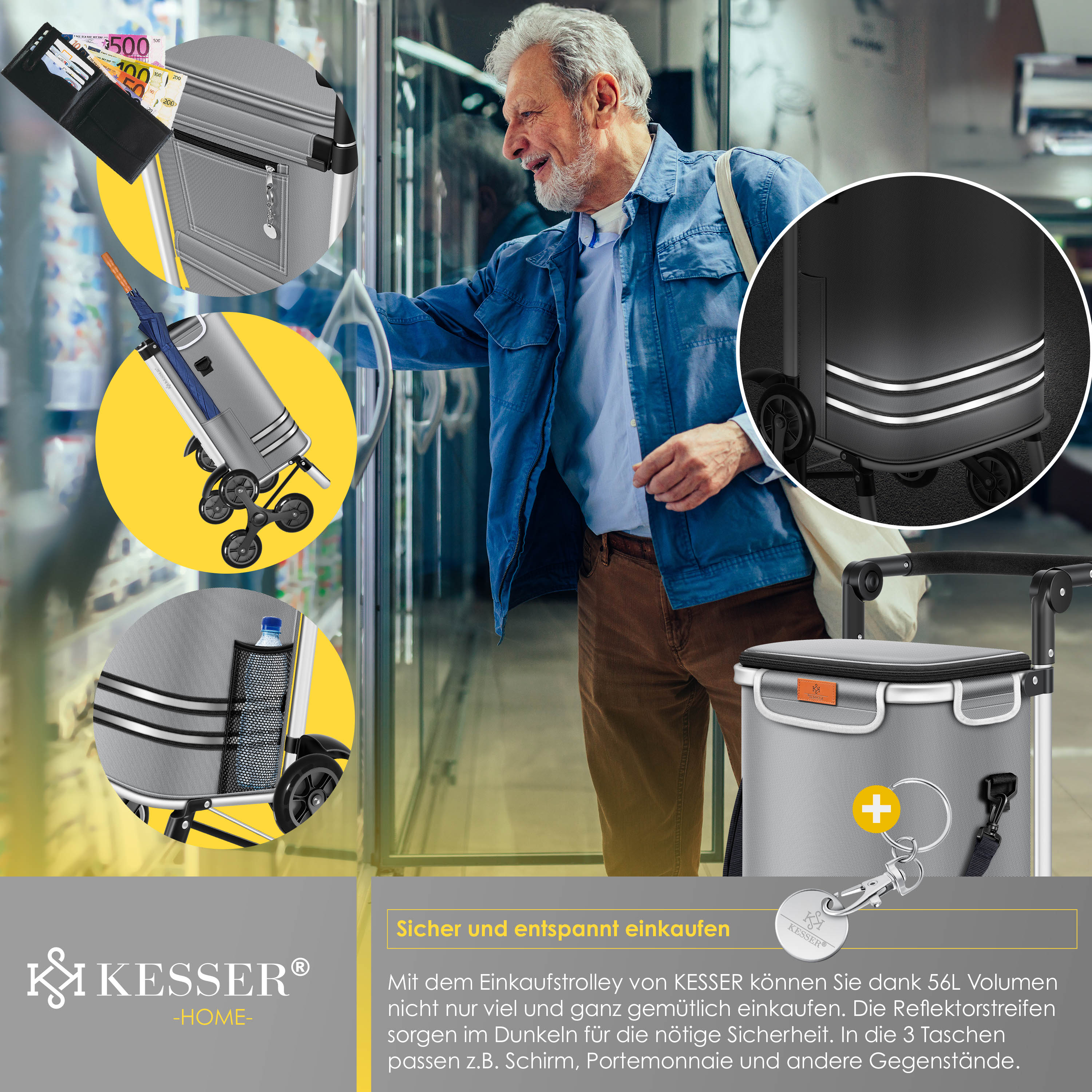 KESSER® Einkaufstrolley Treppensteiger mit Kühlfach klappbar mit 56L Kapazität und belastbar bis 50kg | 3in1 Trolley Sackkarre & Umhängetasche | Faltbarer Einkaufswagen inkl. Einkaufschip