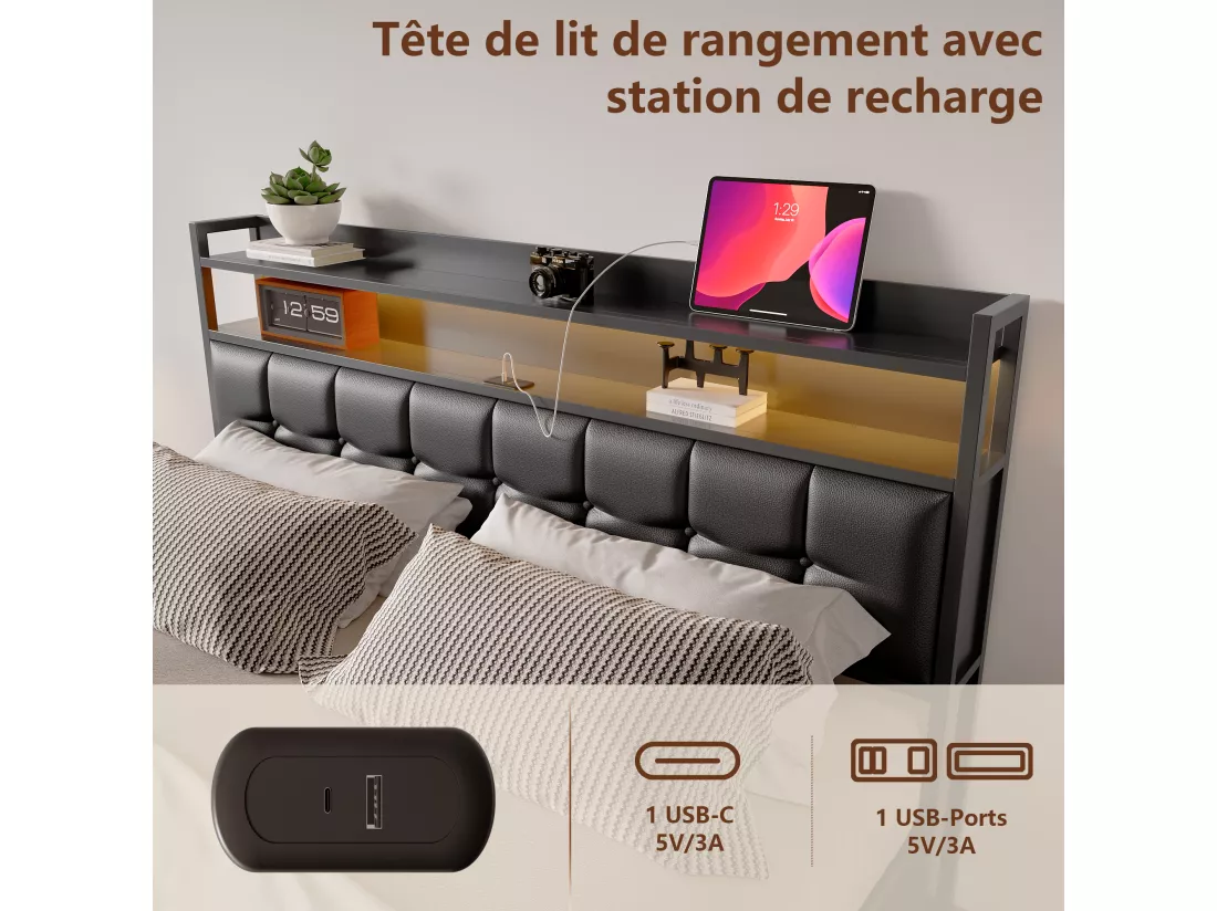 Lit coffre rembourré 160x200cm en tissu de pu - avec LED et port de charge - avec sommier à lattes - Noir