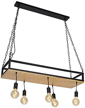 QAZQA - Industrie I Vintage I Industrie I Vintage I Hängelampe I Pendellampe I Pendelleuchte schwarz mit Holz 5-flammig-Licht - Regal I Wohnzimmer I Schlafzimmer - Rechteckig I Länglich - LED geeignet