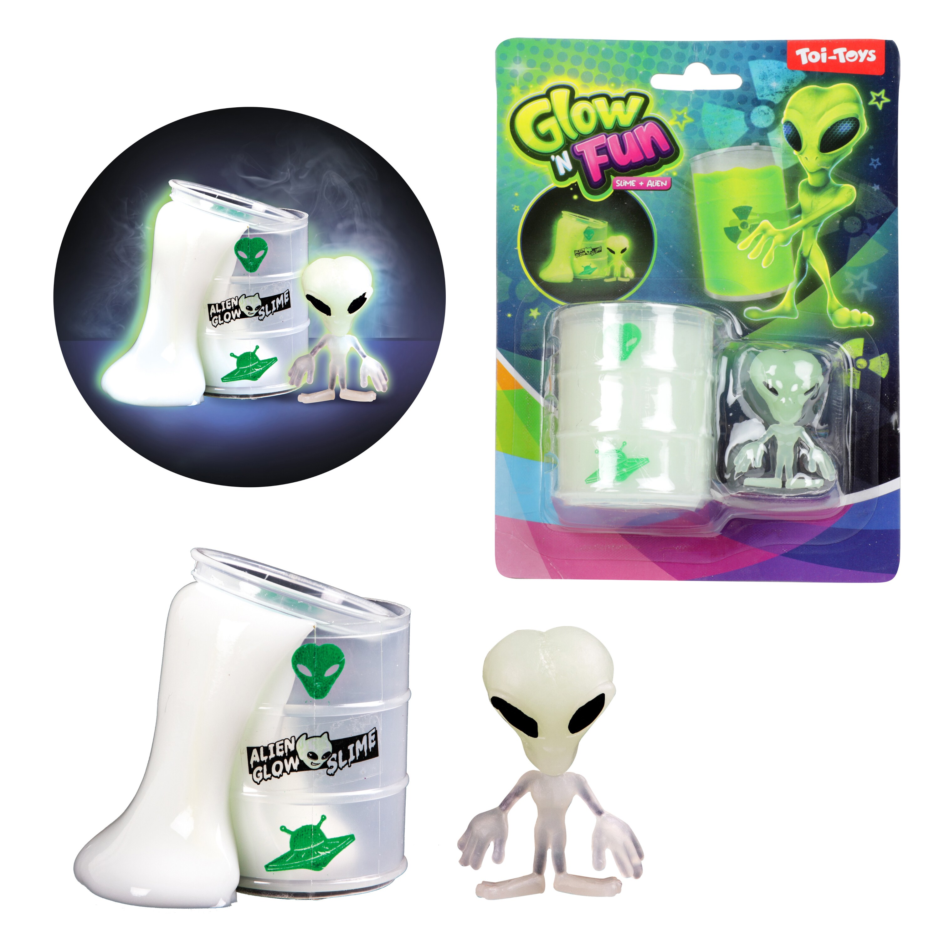 Toi-Toys 35808A - GLOW N FUN Ölfass mit Schleim & Alien Slime Außerirdische Spielschleim