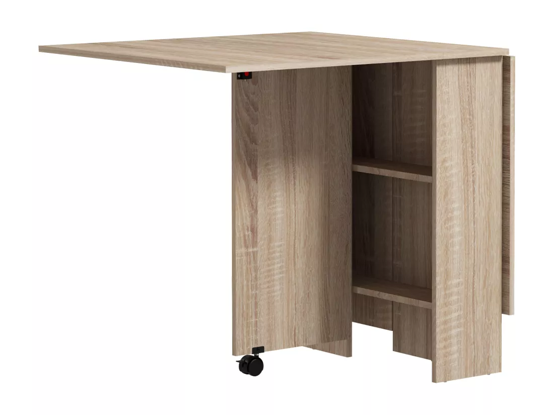 Table à manger pliante mobile sur roulettes avec 2 plateaux rabattables et 2 étagères intégrées - 140 x 80 x 74 cm naturel