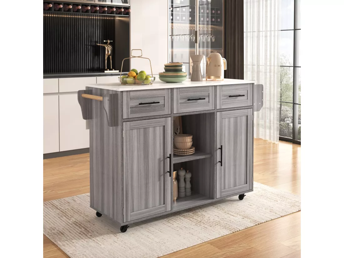Ilot central de cuisine avec 3 tiroirs et portes de rangement - Plateau extensible - pieds en roulettes ou en bois - Gris