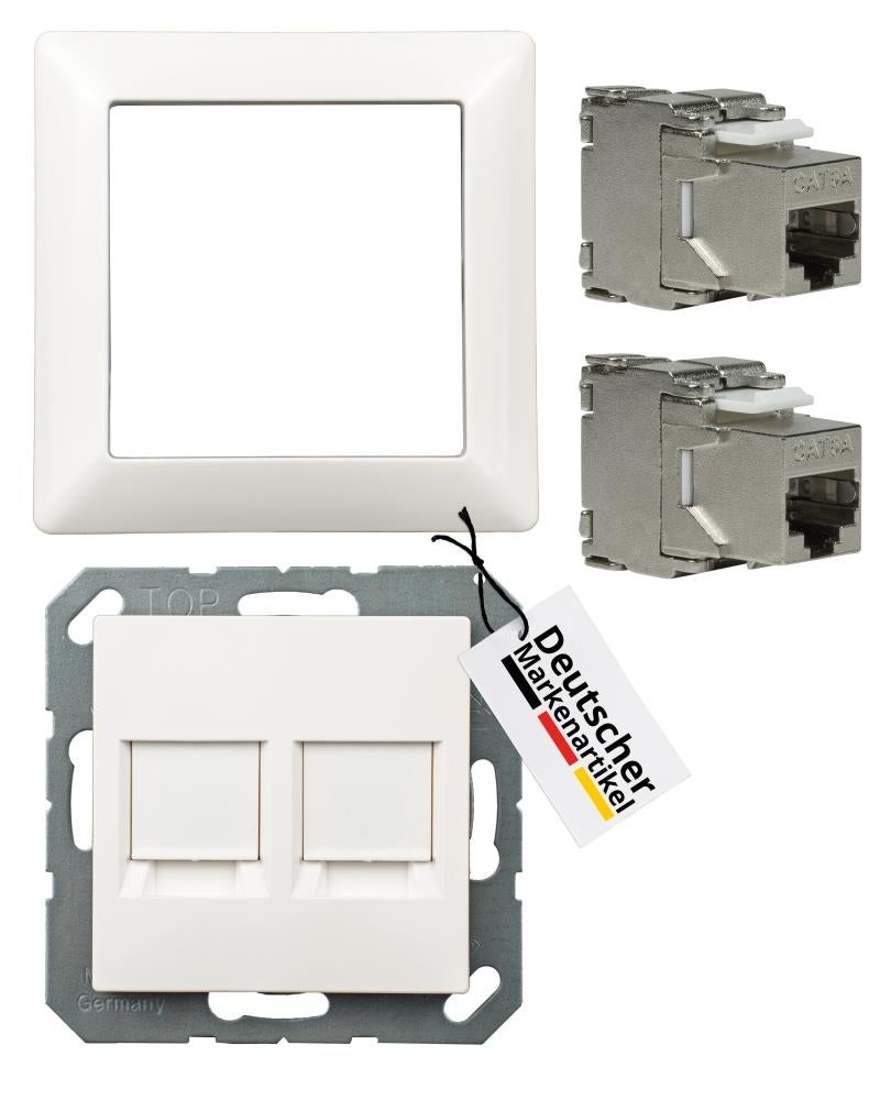 Keystone RJ45 Cat. 6A module incl. Jung Keystone 2-voudige afdekking A1569-2WEWW & 1-voudige afdekplaat AS581WW alpinewit, netwerkaansluiting