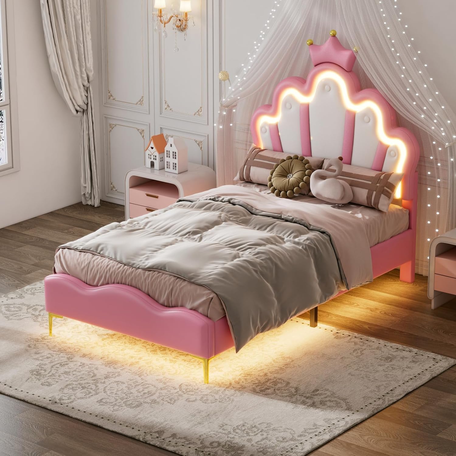 Polsterbett 90x200,Kinderbett mit Lattenrost und LED-Beleuchtung,Flaches Bett mit Kopfteil in Wolkenform,kronenförmiges Prinzessinnenbett,weiche Polsterung aus PU-Leder