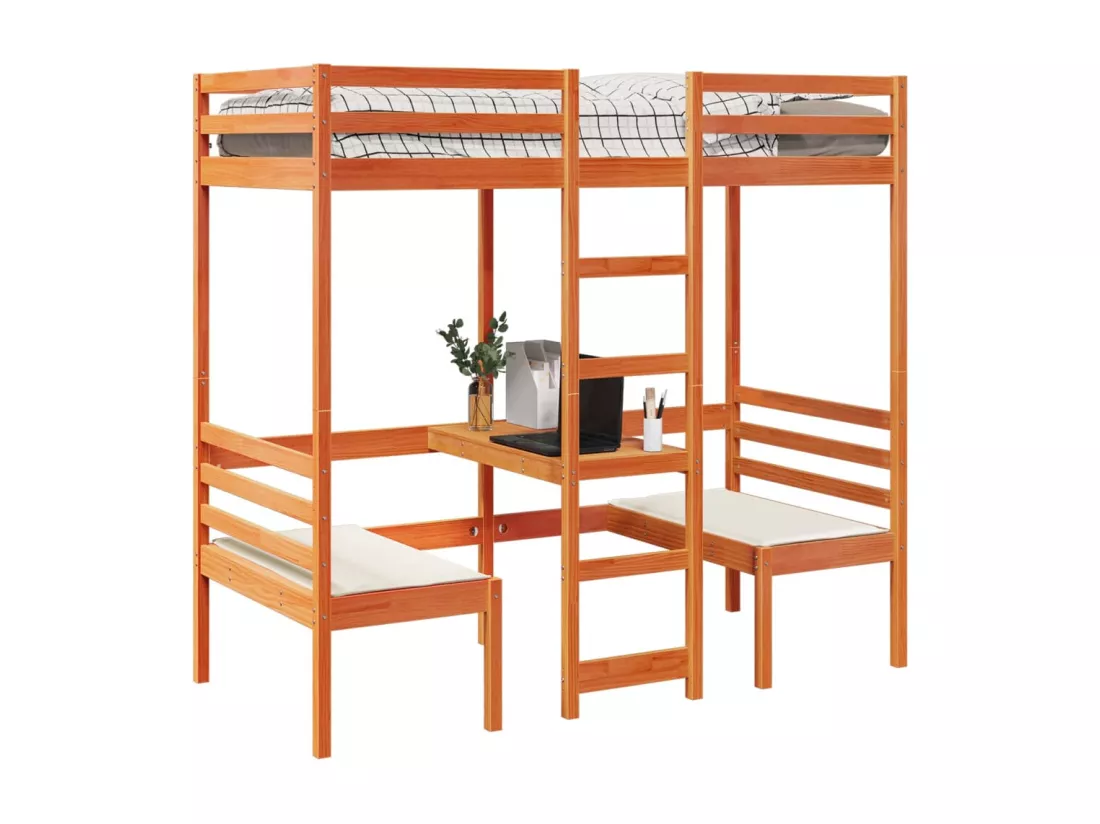 Lit mezzanine avec bureau et chaises brun cire 80x200 cm pin