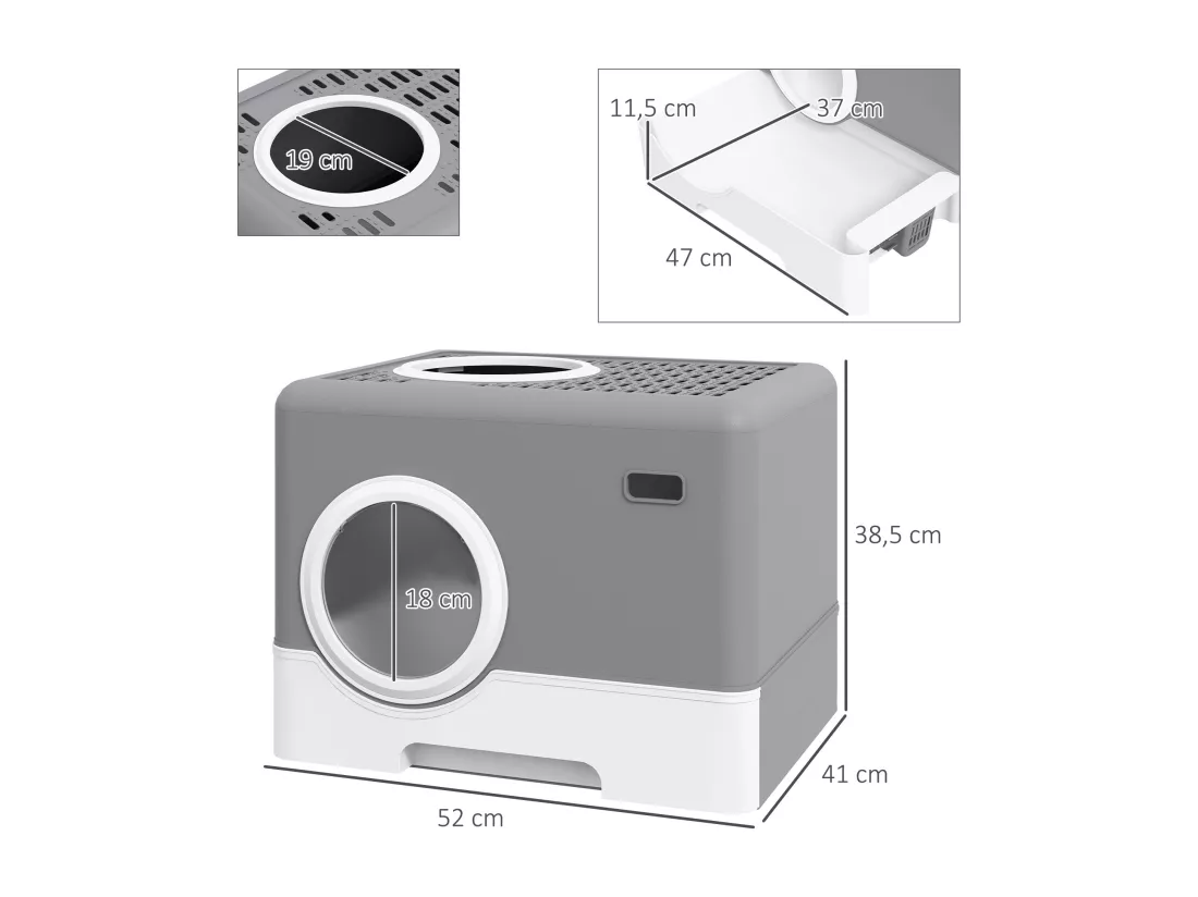 Maison de toilette chat porte battante et haute pelle PP gris blanc
