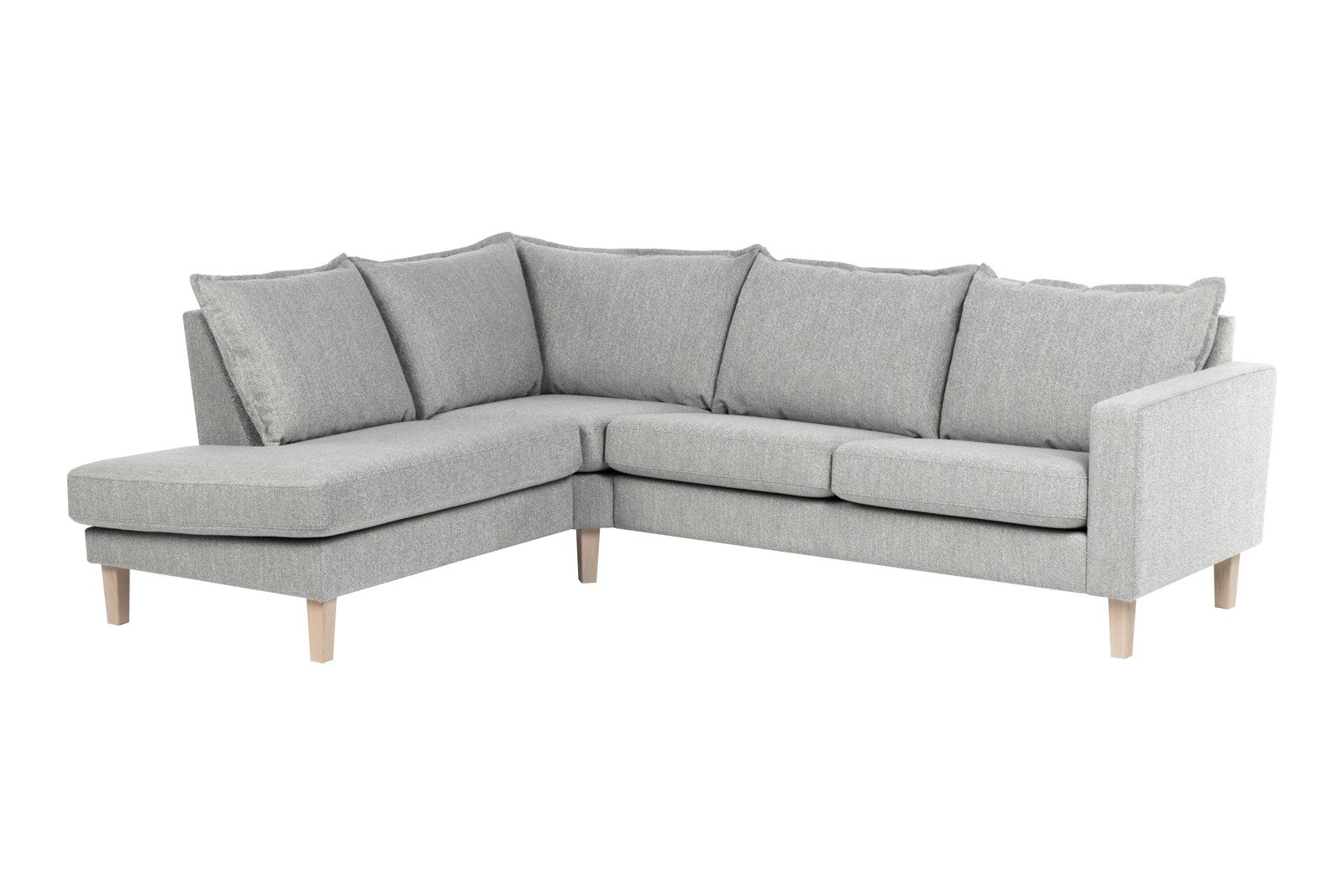 Slogen hjørnesofa Oppsett AV. 2,5-seter med åpen ende venstre. Tekstil Viva Silver med soft ryggpute. Vange B og hvitpigmentert ben 178.