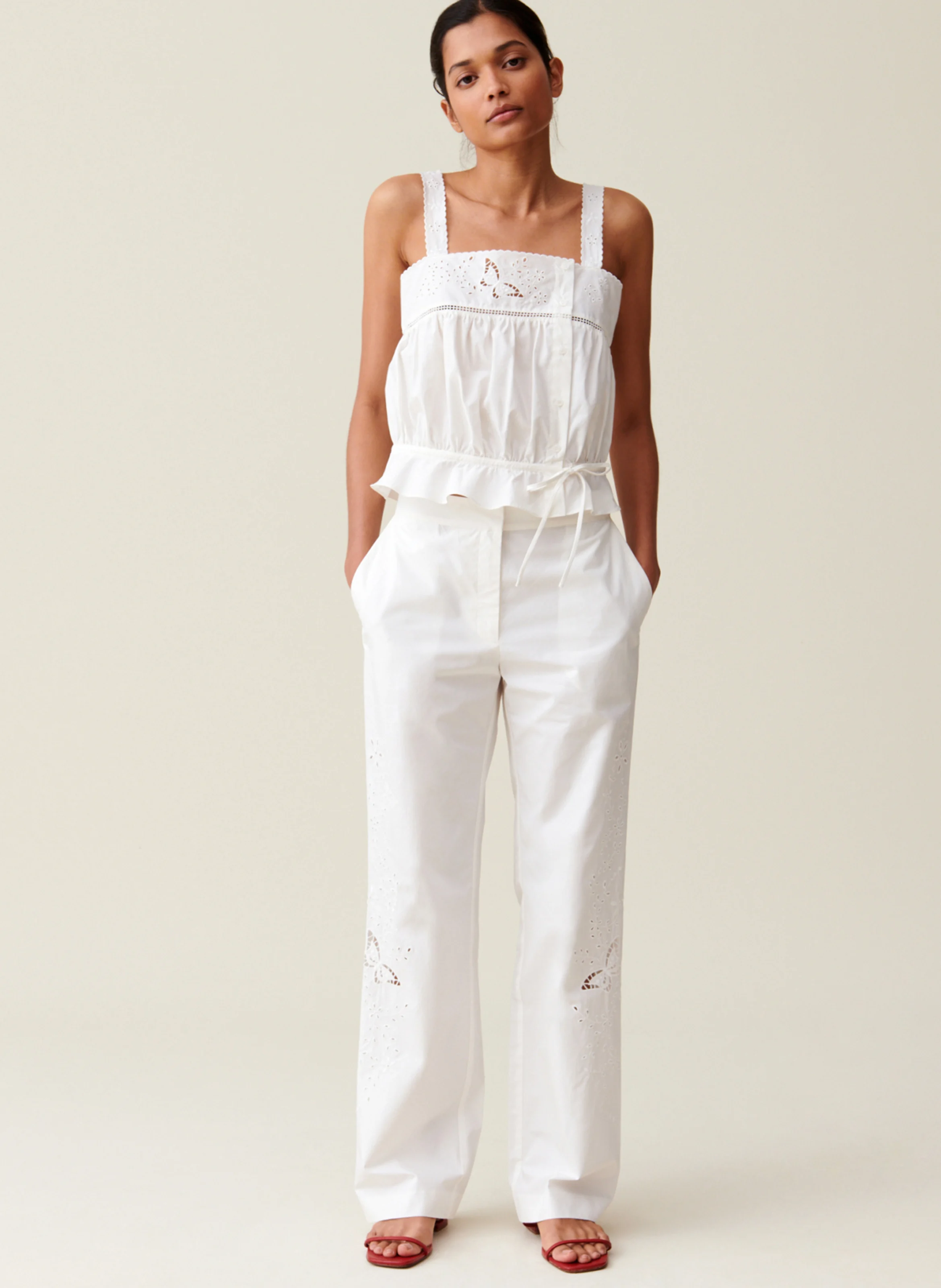 Pantalon droit brodé en coton | Blanc