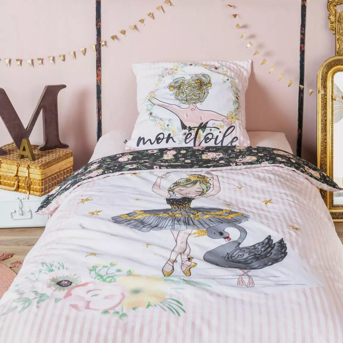 Housse de couette et deux taies enfant coton (200 x 200 cm) Mon étoile Rose