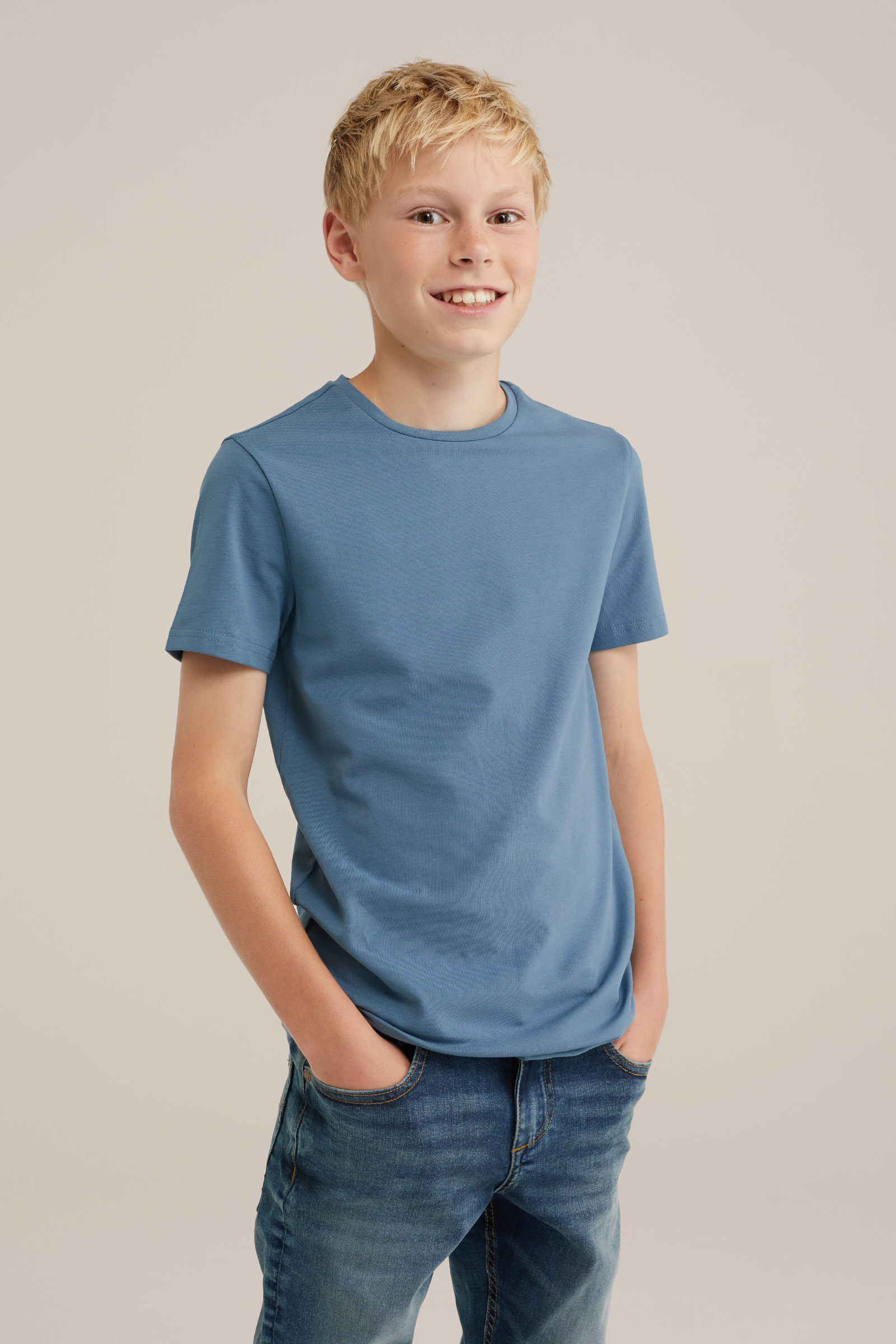 Jongens basic T-shirt met ronde hals WE Fashion IJsblauw
